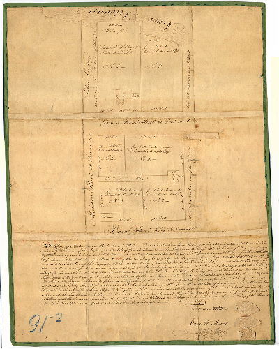 Plan, We Thomas Norton, Isaac W. Morris and William Penrose who have been chosen, nominated and appointed to make Partition and Division of those Messuages and Lots of Ground delineated in the above Plan or Draft late the Estate of Benjamin George Eyre deceased agreeable to his last will between Jacob Valentine and Elisabeth Ann his Wife and Samuel Robbins and Harriett his Wife the said Elizabeth Ann and Harriet being the two Daughters of the said Benjamin George Eyre deceased having carefully considered the situation of the Premises and the relative value of the Part thereof with another do part and divide the same in Way and manner set forth in the said Plan or Draft…Witness our Hands and Seals this Seventh Dan of the Fourth Month called April in the year of our Lord One thousand eight hundred and nine 1809. [Signed] Thomas Norton, Isaac W. Morris, William Penrose.