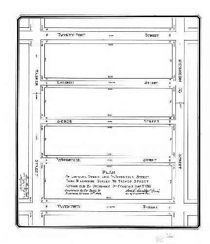 Plan, Plan of Lambert, Sober and Woodstock Street from Dickinson to Tasker Street. [Ordinance June 22, 1885; confirmed Oct. 19, 1885