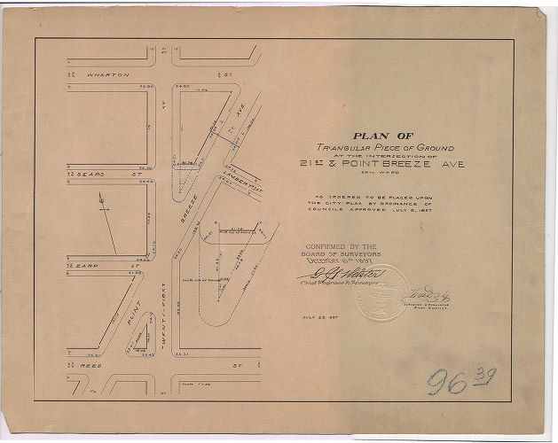 Plan, Plan of triangular piece of ground at the intersection of 21s & Point Breeze Ave, 36th Ward. [Ordinance July 9, 1897; confirmed Dec. 6, 1897]