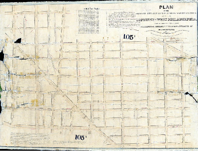 Plan (alternate image), Plan of the Seventh Division of the Survey and regulation of the late District of West Philadelphia. Made in conformity with an Act of the General Assembly of the Commonwealth of Pennsylvania passed the first day of May A.D. 1852, and agreeably to a resolution of the Board of Commissioners of the District of West Philadelphia passed October 13th, 1852. [Survey returned Dec. 3, 1855; confirmed by Court, July 12, 1856]