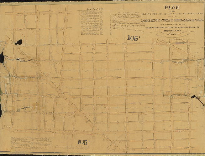 Plan, Plan of the Seventh Division of the Survey and regulation of the late District of West Philadelphia. Made in conformity with an Act of the General Assembly of the Commonwealth of Pennsylvania passed the first day of May A.D. 1852, and agreeably to a resolution of the Board of Commissioners of the District of West Philadelphia passed October 13th, 1852. [Survey returned Dec. 3, 1855; confirmed by Court, July 12, 1856]