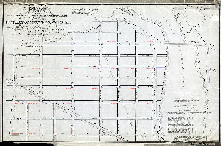 Plan (alternate image), Plan of the Eighth Division of the survey and regulation of the late District of West Philadelphia. Made in conformity with an Act of the General Assembly of the Commonwealth of Pennsylvania passed the first day of May A.D. 1852, and agreeably to a Resolution of the Board of Commissioners of the District of West Philadelphia passed October 13th, 1852. [Survey returned Dec. 3, 1855; confirmed by Court, July 12, 1856]