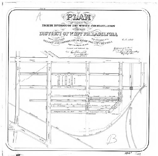 Plan, Plan of the revision of the Eighth Division of the survey and regulation of the late District of West Philadelphia revised in conformity with a resolution of the Select and Common Councils of the City of Phila. approved July 1st A.D. 1875. [Survey returned Dec. 31, 1874; confirmed April 17, 1876]