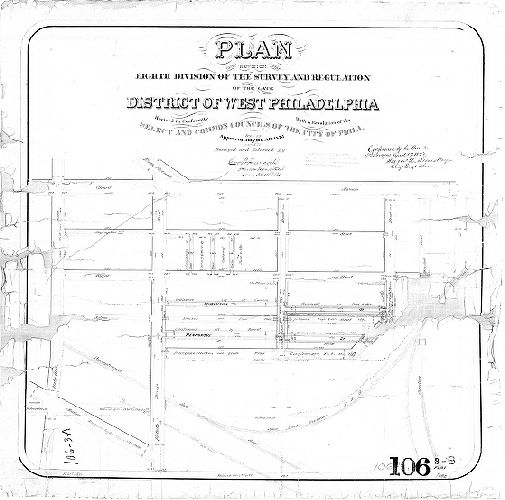 Plan, Plan of the Eighth Division of the survey and regulation of the late District of West Philadelphia, revised in conformity with a resolution of the Select and Common Councils of the City of Phila approved Dec. 13, 1875 [Survey returned Dec. 31, 1874; confirmed April 17, 1876]