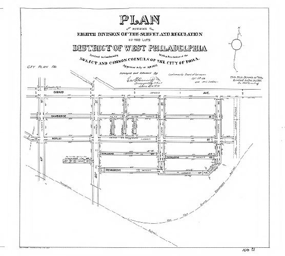 Plan, Plan of the revision of the Eighth Division of the survey and regulation of the late District of West Philadelphia revised in conformity with a resolution of the Select and Common Councils of the City of Phila. approved July 1st A.D. 1875. [Survey returned Dec. 31, 1874; confirmed April 17, 1876; revised to 1931]