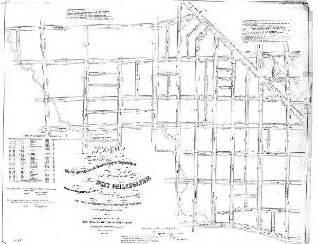 Plan, Plan of the Ninth Division of the survey and regulation of the late District of West Philadelphia. Made in conformity with an Act of the General Assembly of the Commonwealth of Pennsylvania passed the first day of May A.D. 1852, and agreeably to a resolution of the Board of Commissioners of the District of West Philadelphia passed October 13th, 1852