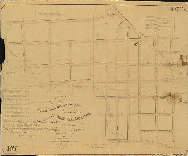 Plan, Plan of the Ninth Division of the survey and regulation of the late District of West Philadelphia. Made in conformity with an Act of the General Assembly of the Commonwealth of Pennsylvania passed the first day of May A.D. 1852, and agreeably to a resolution of the Board of Commissioners of the District of West Philadelphia passed October 13th, 1852