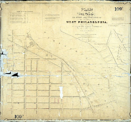Plan (alternate image), Plan of the Fifth Division of the survey and regulation of the late District of West Philadelphia. Made in conformity with an Act of the General Assembly of the Commonwealth of Pennsylvania passed the first day of May A.D. 1852, and agreeably to a resolution of the Board of Commissioners of the District of West Philadelphia passed October 13th, 1852. [Survey returned Feb. 20, 1855; confirmed by Court Dec. 8, 1858]