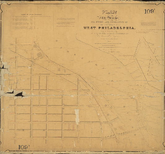 Plan, Plan of the Fifth Division of the survey and regulation of the late District of West Philadelphia. Made in conformity with an Act of the General Assembly of the Commonwealth of Pennsylvania passed the first day of May A.D. 1852, and agreeably to a resolution of the Board of Commissioners of the District of West Philadelphia passed October 13th, 1852. [Survey returned Feb. 20, 1855; confirmed by Court Dec. 8, 1858]