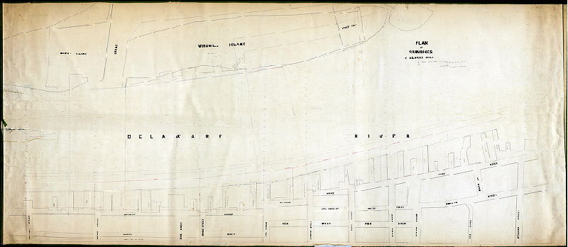 Plan, Plan of soundings of Delaware River, taken April 1856 for Spencer Bonsall, City Surveyor of 3rd District, by D. H. Shedaker. [Additional soundings shown from 1819 and 1836] [Attachment not scanned: detailed tracing of city pier, 1857]