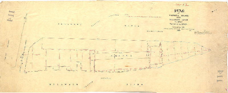 Plan, Plan of Windmill Island in the Delaware River belonging to Tatham & Bros. Surveyed April 1866. Average low water of south part of island taken July 1865. By D. Hudson Shedaker. 