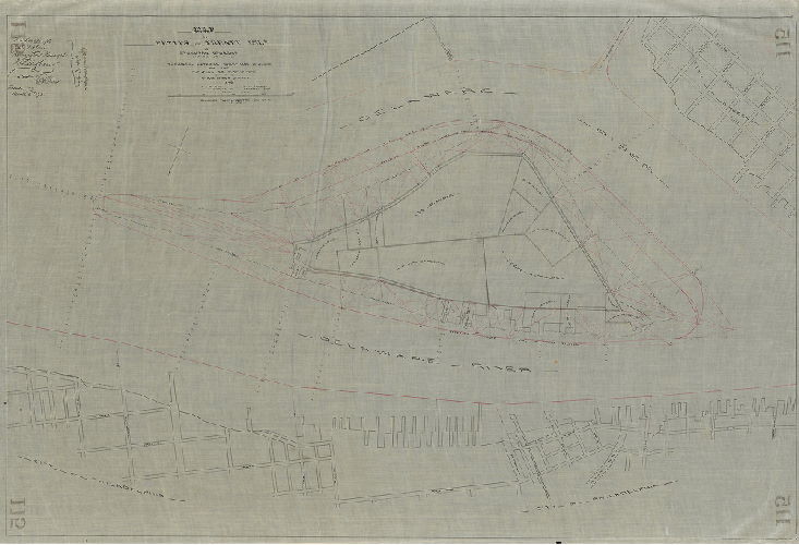 Plan, Map of Petty's or Treaty Island in Stockton Township, Camden Co. N.J. showing the exterior wharf line established by the Riparian Commissioners of the State of New Jersey, 1875. R. C. Bacot, Chief Engineer, Jacob H. Yocum, Jr., Assistant Engr. 