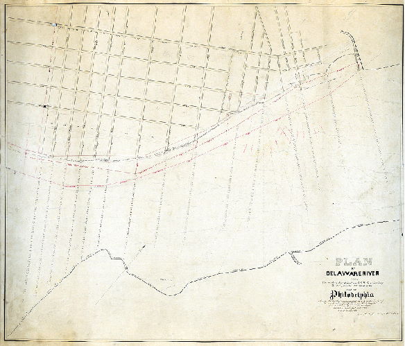 Plan (alternate image), Plan of Delaware River from the mouth of Frankford Creek to the line dividing the 19th from the 23rd Ward of the City of Philadelphia showing the depth of the soundings of the river from the foot of the several streets opened and proposed to be hereafter opened to the river Delaware...Isaac Shallcross, Surveyor, 10th District
