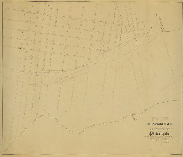 Plan, Plan of Delaware River from the mouth of Frankford Creek to the line dividing the 19th from the 23rd Ward of the City of Philadelphia showing the depth of the soundings of the river from the foot of the several streets opened and proposed to be hereafter opened to the river Delaware...Isaac Shallcross, Surveyor, 10th District