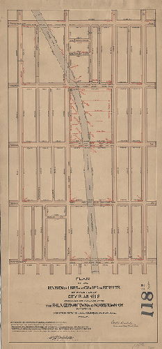 Plan, Plan of the revision of lines and grades of streets on a portion of City Plan No. 188 crossing or adjacent to the Phila. Germantown and Norristown R.R. between Montgomery St. and Susquehanna Ave. [Ordinance Oct. 13, 1906, related to grade crossing abolishment; confirmed May 13, 1907] 