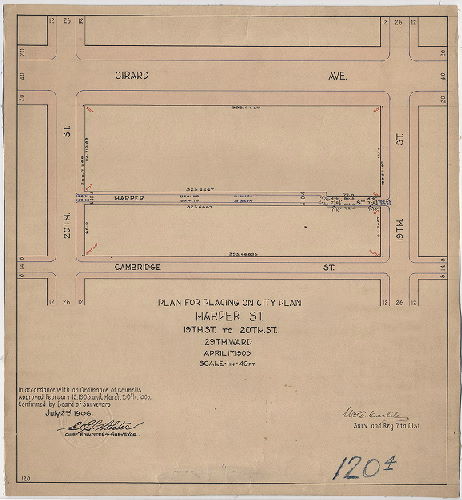 Plan, Plan for placing on City Plan. Harper St., 19th St. to 20th St. 29th Ward. April 17, 1905. [Ordinance Feb. 13,1905 and March 30, 1906; confirmed July 2, 1906]