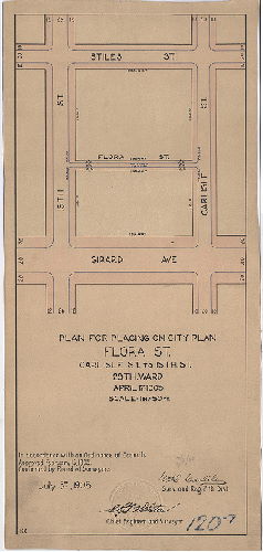 Plan, Plan for placing on City Plan Flora St. from Carlisle St. to 15th St.. 29th Ward. April 17, 1905. [Ordinance Feb. 13, 1905; confirmed July 3, 1905]