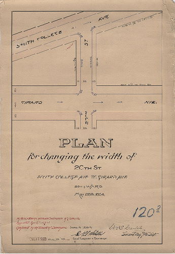 Plan, Plan for changing the width of 20th St., South College Ave. to Girard Ave. 29th Ward. May 28th, 1894. [Ordinance April 4, 1894; confirmed June 4, 1894]