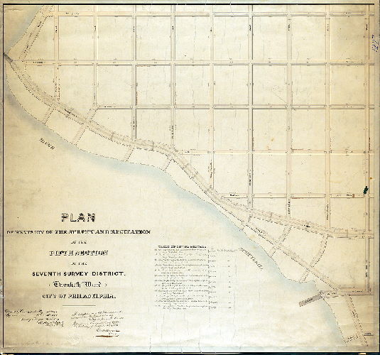 Plan (alternate image), Plan of revision of the survey and regulation of the Fifth Section of the Seventh Survey District, Twentieth Ward, City of Philadelphia [Ordinances May 25, 1857 and Oct. 26, 1858; approved by Board of Surveyors Nov. 16, 1857; confirmed by Court May 18, 1863]