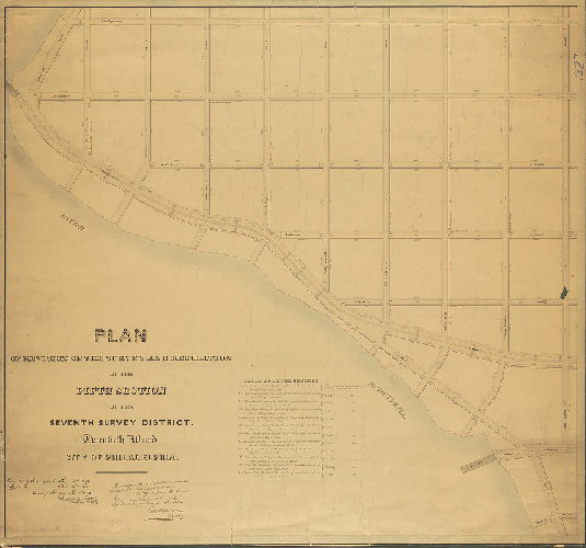 Plan, Plan of revision of the survey and regulation of the Fifth Section of the Seventh Survey District, Twentieth Ward, City of Philadelphia [Ordinances May 25, 1857 and Oct. 26, 1858; approved by Board of Surveyors Nov. 16, 1857; confirmed by Court May 18, 1863]