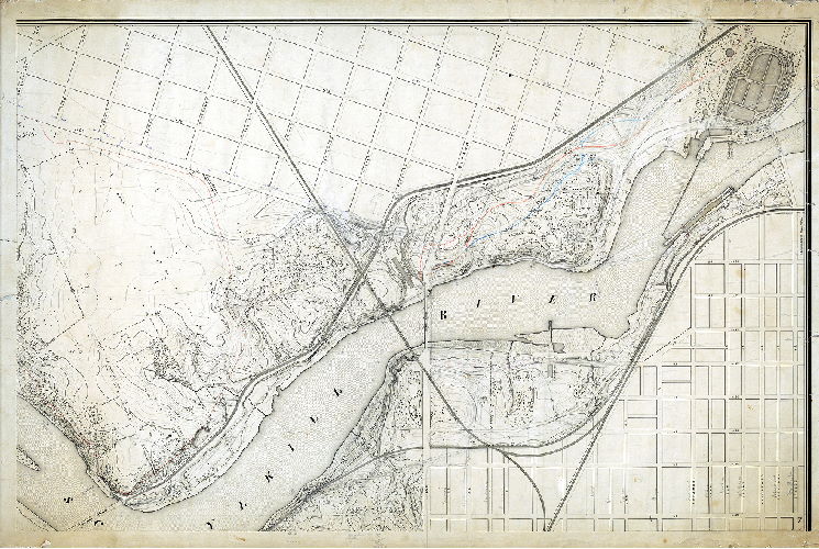 Plan (alternate image), [No title. Fairmount Park topography. Additions in pencil probably related to the route of the Philadelphia and Reading Railroad through Fairmount Park from the bridge over Fountain Green to the Columbia Bridge]