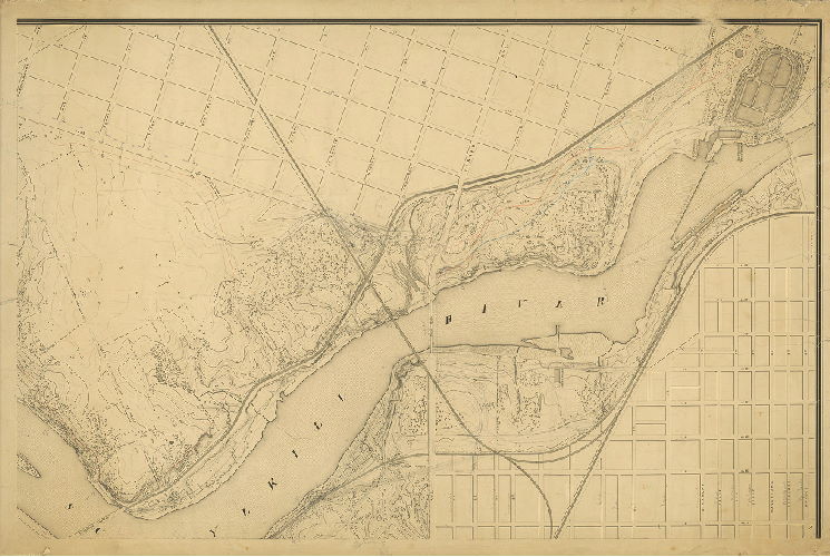 Plan, [No title. Fairmount Park topography. Additions in pencil probably related to the route of the Philadelphia and Reading Railroad through Fairmount Park from the bridge over Fountain Green to the Columbia Bridge]