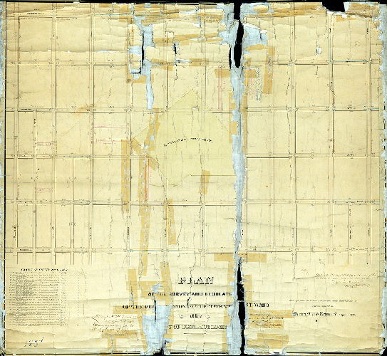 Plan (alternate image), Plan of the survey and regulation of the First Section of the 21st Ward between 11th and 20th Streets and Columbia and Susquehanna Avenues. [Ordinance Aug 15, 1855; survey returned August 1856; approved July 6, 1857; confirmed by Court June 11, 1860]