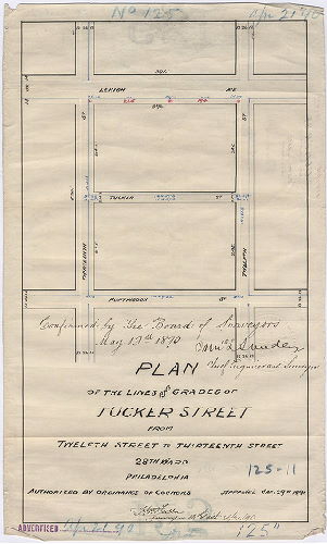Plan, Plan of the lines and grades of Tucker Street from Twelfth Street to Thirteenth Street, 28th Ward Philadelphia. [Ordinance Jan. 29, 1890; confirmed May 19, 1890]