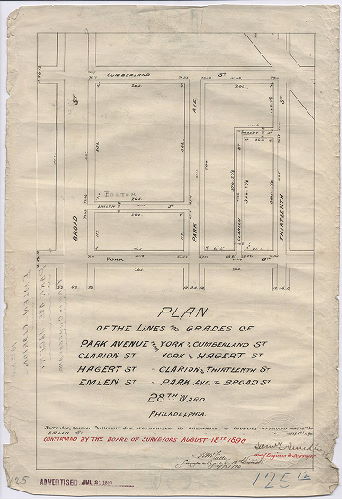 Plan, Plan of the lines and grades of Park Avenue from York to Cumberland St., Clarion St. from York to Hagert St., Hagert St. from Clarion to Thirteenth St., Emlen St. from Park Ave. to Broad St. 28th Ward Philadelphia [Ordinances June 16 and July 1, 1890; confirmed Aug. 18, 1890]