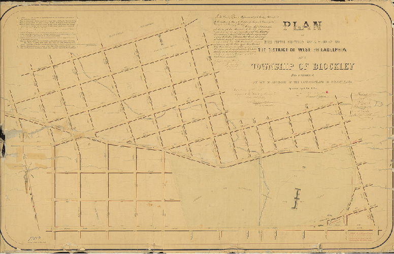 Plan, Plan of the Fifth Section of a survey of the District of West Philadelphia and Township of Blockley. [Act of Assembly April 3, 1851; surveyed Dec. 29, 1855; approved by Board of Surveyors May 17, 1858; confirmed by Court July 17, 1858] 