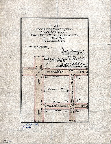 Plan, Plan for striking from City Plan Mayer Street from Fifth St. to Lawrence St., Thirty-third Ward Philadelphia. [Ordinance Dec. 1, 1910; survey returned April 17, 1911; confirmed May 17, 1915]