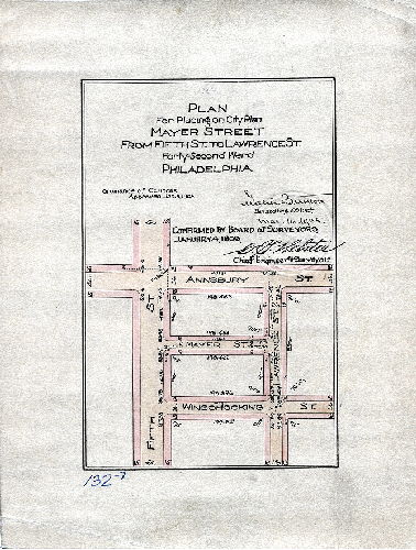 Plan, Plan for placing on City Plan Mayer Street from Fifth St. to Lawrence St., Forty-second Ward Philadelphia. [Ordinance Jan. 11, 1908; survey returned March 16, 1908; confirmed Jan. 4, 1909]