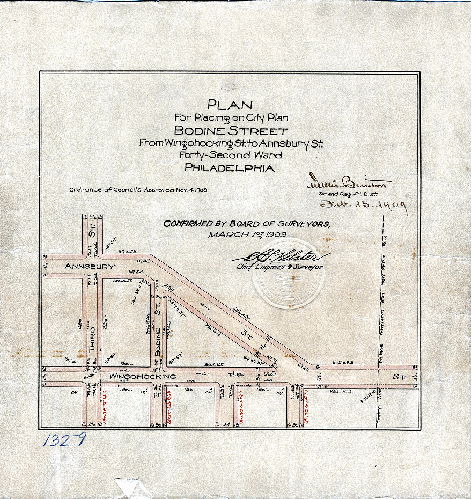 Plan, Plan for placing on City Plan Bodine Street from Wingohocking St. to Annsbury St., Forty-second Ward Philadelphia [Ordinance Nov. 4, 1908; survey returned Feb. 15, 1909; confirmed March 1, 1909]