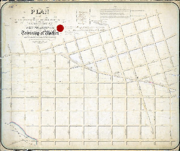 Plan (alternate image), Plan of the Sixth Section of the survey of the District of West Philadelphia and Township of Blockley made in pursuance of two Acts of Assembly of the Commonwealth of Pennsylvania approved respectively on the 3rd of April 1851 and 13th of May 1856. [Survey returned Feb. 18, 1857; approved May 3, 1858; confirmed by Court Dec. 22, 1860] 