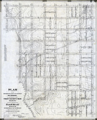 Plan, Plan of the revision of lines and grades with topography of that portion of the Twenty-seventh Ward, Philadelphia embraced within the limits of Plan No. 151 on file in the Department of Surveys [Ordinance April 2, 1881; confirmed Sept. 29, 1884]