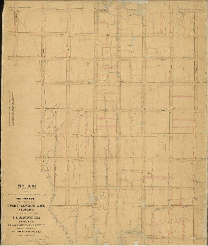 Plan, Plan of the revision of lines and grades with topography of that portion of the Twenty-seventh Ward, Philadelphia embraced within the limits of Plan No. 151 on file in the Department of Surveys [Ordinance April 2, 1881; confirmed Sept. 29, 1884]