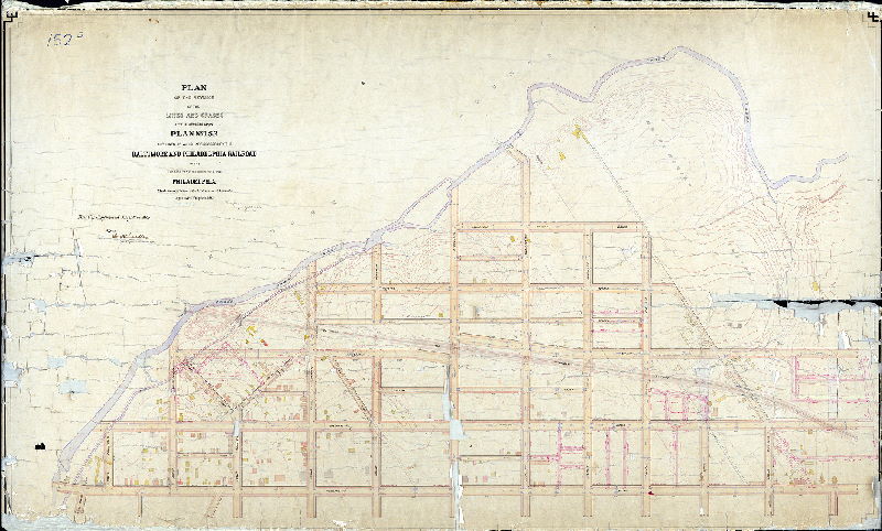 Plan (alternate image), Plan of the revision of the lines and grades of the streets upon Plan No. 152 the lines of which are crossed by the Baltimore and Philadelphia Railroad in the Twenty-seventh Ward, Philadelphia, made in accordance with ordinance of Councils approved July 3rd, 1885. [Survey returned April 1887; confirmed July 18, 1887]