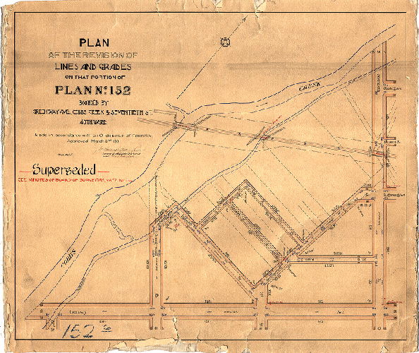Plan, Plan of the revision of lines and grades on that portion of Plan No. 152 bounded by Greenway Ave., Cobbs Creek, & Seventieth St., 40th Ward [Ordinance March 3, 1901; survey returned May 3, 1901; "Superseded - see minutes of Board of Surveyors, May 2, 1910"]