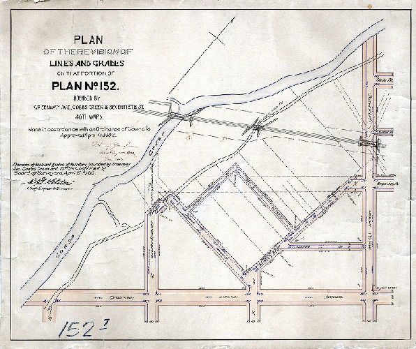Plan, Plan of the revision of lines and grades on that portion of Plan No. 152 bounded by Greenway Ave., Cobbs Creek, & Seventieth St., 40th Ward [Ordinance April 4, 1902; survey returned June 1902; confirmed April 6, 1903]