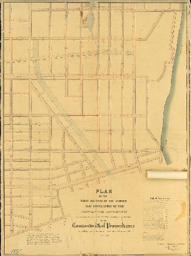 Plan, Plan of the First Section of the survey and regulation of the District of Richmond agreeably to an Act of the General Assembly of the Commonwealth of Pennsylvania approved the twenty-seventh day of February A.D. 1847. Surveyed and returned 9th mo 12th 1848 by Joseph Fox, Henry Haines. [Attachments: [Plan of] Property transferred to the District of Richmond by the Philadelphia and Reading Railroad Company [1850] and an 1892 letter from Court of Quarter Sessions noting that the plan was confirmed in 1849] 