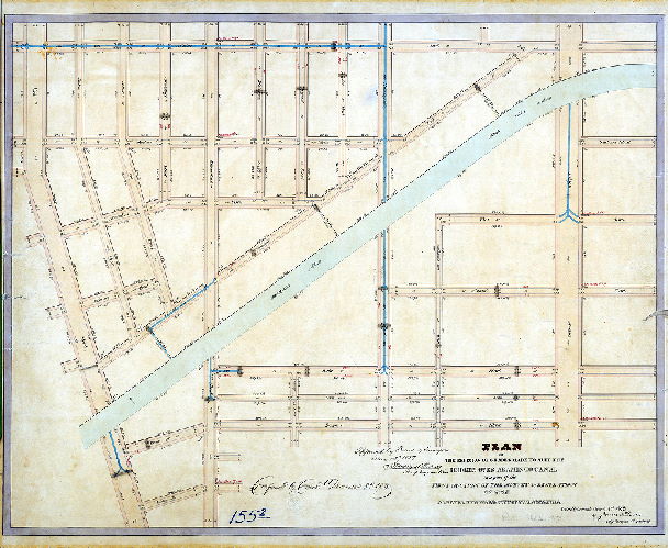 Plan (alternate image), Plan of the revision of grades made to suit the bridges over Aramingo Canal in part of the First Section of the survey & regulation of the 19th Ward, City of Philadelphia, revised & returned March 3, 1857 by James P. Davis, City Surveyor 6th District