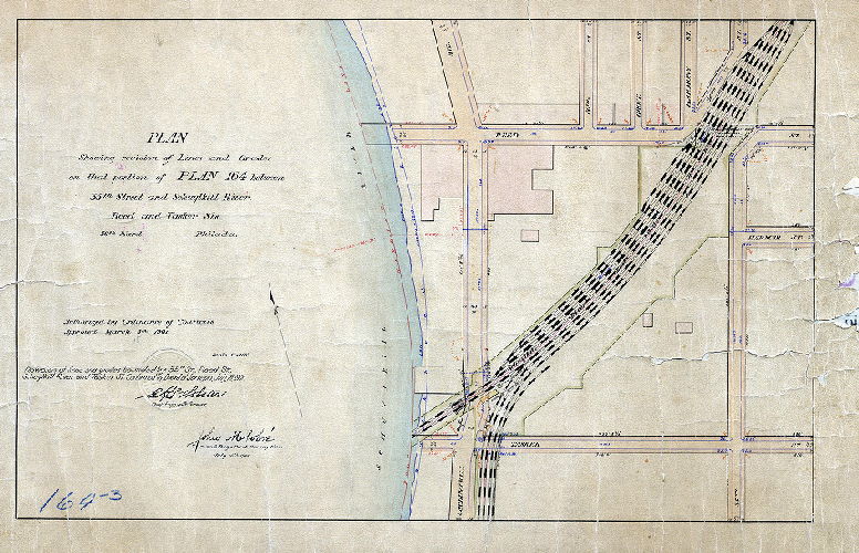 Plan, Plan showing the revision of lines and grades on that portion of Plan 164 between Thirty-fifth Street and Schuylkill River, Reed and Tasker Streets, Thirty-sixth Ward, Philadelphia [Ordinance March 5, 1901; confirmed July 15, 1901]