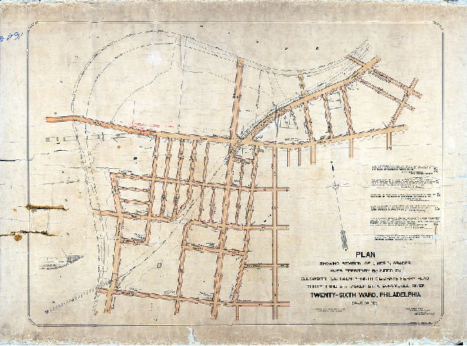 Plan (alternate image), Plan showing revision of lines and grades over territory bounded by Ellsworth St., Twenty-ninth St., Grays Ferry Road, Thirty-third St., Tasker St. and Schuylkill River. Twenty-Sixth Ward, Philadelphia. 
