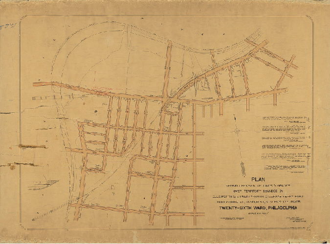 Plan, Plan showing revision of lines and grades over territory bounded by Ellsworth St., Twenty-ninth St., Grays Ferry Road, Thirty-third St., Tasker St. and Schuylkill River. Twenty-Sixth Ward, Philadelphia. 