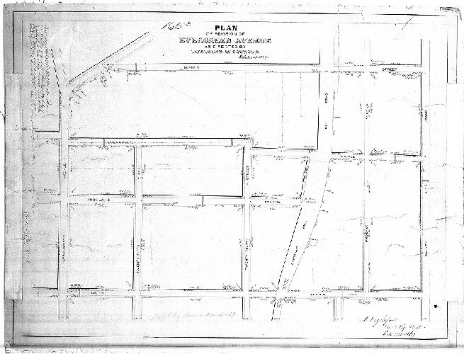 Plan, Plan of revision of Evergreen Avenue as directed by resolution of Councils October 13, 1869. [Survey returned Oct. 19, 1869; confirmed by Court Nov. 29, 1869]