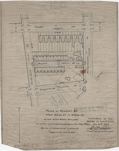 Plan, Plan of Regent St. (Sq.) from 42nd St. to 43rd St. in the 27th Ward, Philad'a. [Ordinance Feb. 10, 1892; confirmed Mar 31, 1892]