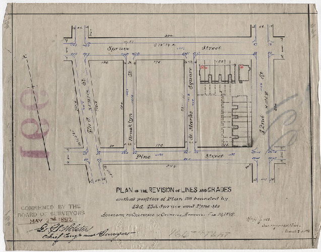 Plan, Plan of the revision of lines and grades on that portion of Plan 166 bounded by 42d, 43d, Spruce and Pine Sts. [Ordinance Feb. 10, 1892; confirmed May 2, 1891]
