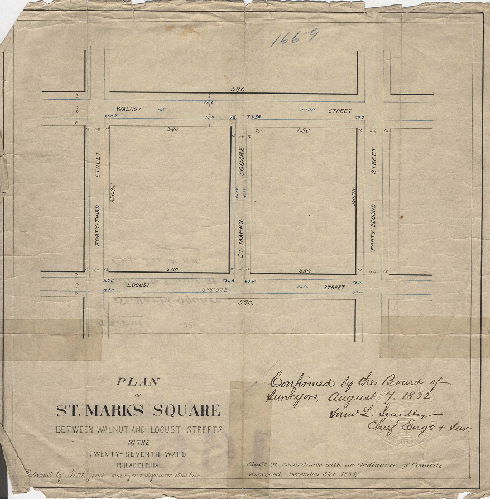 Plan, Plan of St. Mark's Square between Walnut and Locust Streets in the Twenty-seventh Ward, Philadelphia Ordinance Dec. 31, 1881; confirmed Aug. 7, 1882]