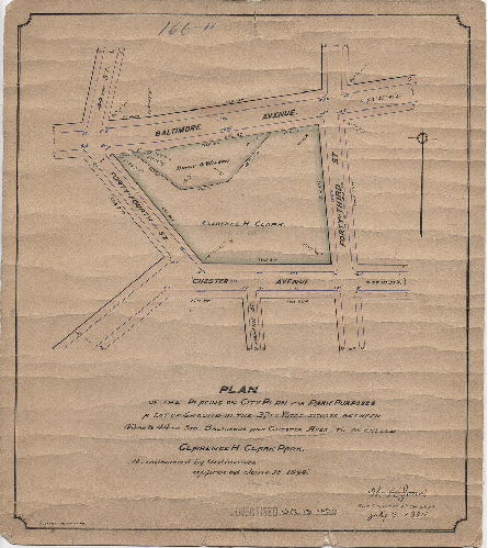 Plan, Plan of the placing on City Plan for park purposes a lot of ground in the 27th Ward, situate between 43rd & 44th Sts., Baltimore and Chester Aves., to be called Clarence H. Clark Park [Ordinance June 18, 1894; survey returned July 9, 1894; no confirmation noted]