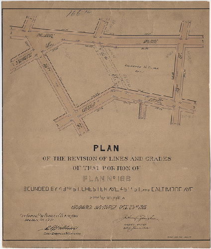 Plan, Plan of the revision of lines and grades of that portion of Plan No. 166 bounded by 43rd St., Chester Ave., 45th St. and Baltimore Ave., 27th Ward, Phila. [Ordinance Oct. 23, 1901; survey returned Jan. 2, 1902; confirmed Jan. 20, 1902]